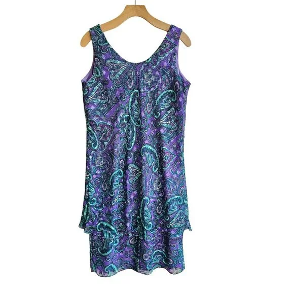 Vintage Patra Purple & Teal Paisley Sleeveless Tiered Dress,  Size 14, USA Made - Picture 2 of 8